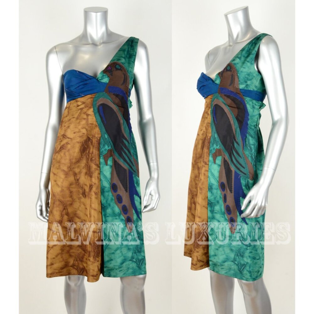 PRADA DRESS SILK EXOTIC PEACOCK DESIGN ONE SHOULDER sz IT 38 US 2